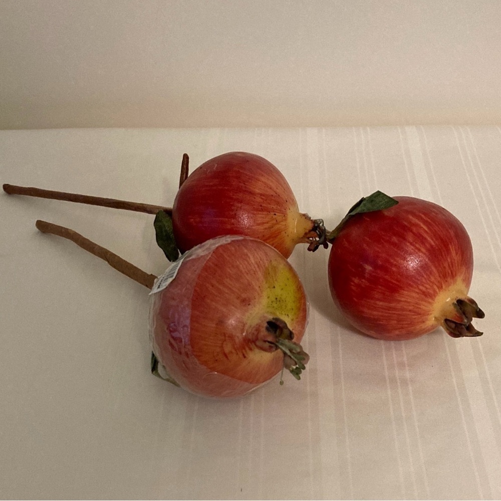 Vintage Old Time Pottery Group of Three Faux Pomegranate with Stems & a leaf